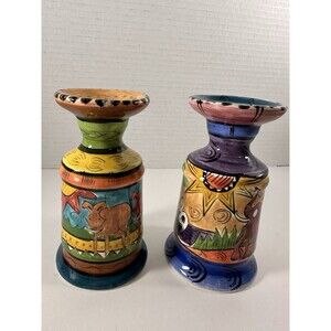 Penzo Zimbabwe 9/98 Hand Painter Candle Holders Mpofu Takesure African Art